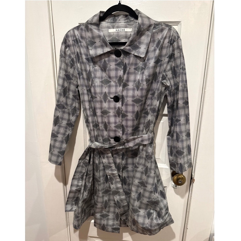 Hache Italy Womens Geometric Print Belted Trench Coat Black White Made in‎ Italy